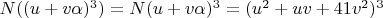 $N((u+v\alpha)^3) = N(u+v\alpha)^3 = (u^2 + uv + 41v^2)^3$