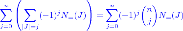 $$\color{blue}{\sum_{j=0}^n\left(\sum_{|J| = j}(-1)^jN_=(J)\right) = \sum_{j=0}^n(-1)^j\binom njN_=(J)}$$