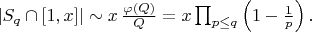 $ |S_q \cap [1,x]| \sim x\,\frac{\varphi(Q)}{Q} = x\prod_{p\le q}\left(1-\frac{1}{p}\right).  $