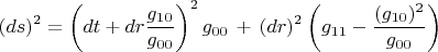 $$(ds)^2=\left(dt+dr\frac{g_{10}}{g_{00}}\right)^2g_{00}\,+\,(dr)^2\left(g_{11}-\frac{(g_{10})^2}{g_{00}}\right)$$