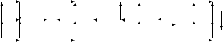 $$\begin {picture} (120,60)
\put (20,0) {\vector (1,0) {20}}
\put (20,22) {\vector (1,0) {20}}
\put (20,42) {\vector (1,0) {20}}
\put (20,2) {\vector (0,1) {20}}
\put (20,22) {\vector (0,1) {20}}
\put (40,2) {\vector (0,1) {20}}
\put (40,42) {\vector (0,-1) {20}}

\put (50,22) {\vector (1,0) {20}}

\put (80,0) {\vector (1,0) {20}}
\put (80,42) {\vector (1,0) {20}}
\put (100,22) {\vector (-1,0) {20}}
\put (100,2) {\vector (0,1) {20}}
\put (100,22) {\vector (0,1) {20}}

\put (140,22) {\vector (-1,0) {20}}

\put (170,22) {\vector (-1,0) {20}}
\put (170,2) {\vector (0,1) {20}}
\put (170,22) {\vector (0,1) {20}}
\put (150,22) {\vector (0,1) {20}}

\put (190,17) {\vector (1,0) {20}}
\put (210,23) {\vector (-1,0) {20}}

\put (230,0) {\vector (1,0) {20}}
\put (230,42) {\vector (1,0) {20}}
\put (230,2) {\vector (0,1) {20}}
\put (230,22) {\vector (0,1) {20}}
\put (250,2) {\vector (0,1) {20}}
\put (250,22) {\vector (0,1) {20}}

\put (260,32) {\vector (0,-1) {20}}
\end {picture}$$