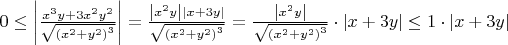 $\[0 \le \left| {\frac{{{x^3}y + 3{x^2}{y^2}}}{{\sqrt {{{({x^2} + {y^2})}^3}} }}} \right| = \frac{{\left| {{x^2}y} \right|\left| {x + 3y} \right|}}{{\sqrt {{{({x^2} + {y^2})}^3}} }} = \frac{{\left| {{x^2}y} \right|}}{{\sqrt {{{({x^2} + {y^2})}^3}} }} \cdot \left| {x + 3y} \right| \le 1 \cdot \left| {x + 3y} \right|\]
$