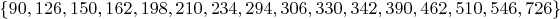 $\{90, 126, 150, 162, 198, 210, 234, 294, 306, 330, 342, 390, 462, 510, 546, 726\}$