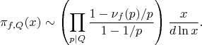 $$ \pi_{f,Q}(x) \sim \left( \prod_{p|Q} \frac{1 - \nu_f(p)/p}{1 - 1/p} \right) \frac{x}{d \ln x}. $$