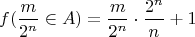 $$f(\frac{m}{2^n} \in A)=\frac{m}{2^n} \cdot \frac{2^n}{n}+1$$