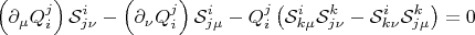 $$
\left( \partial_{\mu} {Q}^{j}_{i} \right) {\mathcal S}^{i}_{j \nu}
- \left( \partial_{\nu} {Q}^{j}_{i} \right) {\mathcal S}^{i}_{j \mu}
- {Q}^{j}_{i} \left( {\mathcal S}^{i}_{k \mu} {\mathcal S}^{k}_{j \nu}
-{\mathcal S}^{i}_{k \nu} {\mathcal S}^{k}_{j \mu} \right) = 0
$$