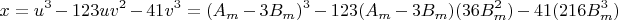 $$x = u^3 - 123uv^2 - 41v^3 = (A_m-3B_m)^3 - 123(A_m-3B_m)(36B_m^2) - 41(216B_m^3)$$