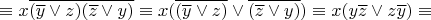 $\equiv x \overline{(\overline y \vee z)(\overline z \vee y)} \equiv x (\overline{(\overline y \vee z)} \vee \overline{(\overline z \vee y)}) \equiv x (y \overline z \vee z \overline y) \equiv$