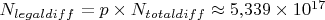 $N_{legaldiff} = p \times N_{totaldiff} \approx 5{,}339 \times 10^{17}$