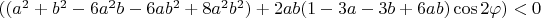 $((a^2+b^2-6 a^2b-6 a b^2+8 a^2b^2)+2ab(1-3a -3b+6ab)\cos2\varphi) < 0 $