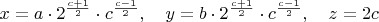 $x=a\cdot 2^{\frac{c+1}{2}}\cdot c^{\frac{c-1}{2}},\quad y=b\cdot 2^{\frac{c+1}{2}}\cdot c^{\frac{c-1}{2}}, \quad z=2c$