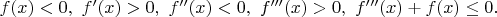 $f(x)<0,~f'(x)>0,~f''(x)<0,~f'''(x)>0,~f'''(x)+f(x)\leq 0.$