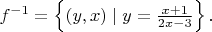 $f^{-1}=\left\{(y,x)\mid y=\frac{x+1}{2x-3}\right\}.$
