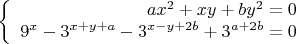 $$\left\{
\begin{array}{rcl}
 ax^2+xy+by^2=0 \\
 9^x-3^{x+y+a}-3^{x-y+2b}+3^{a+2b}=0 \\
\end{array}
\right.$$