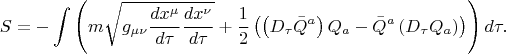 $$
S = - \int \left( m \sqrt{ g_{\mu \nu} \frac{d x^{\mu}}{d \tau} \frac{d x^{\nu}}{d \tau}}
+ \frac{1}{2} \left( \left( D_{\tau} \bar{Q}^{a} \right) {Q}_{a} - \bar{Q}^{a} \left( D_{\tau} {Q}_{a} \right) \right) \right) d \tau.
$$