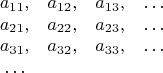 $$\begin{matrix} a_{11}, & a_{12}, & a_{13}, & \ldots \\ a_{21}, & a_{22}, & a_{23}, & \ldots \\ a_{31}, & a_{32}, & a_{33}, & \ldots \\ \ldots & & & \end{matrix}$$