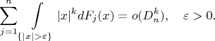 $$
\sum\limits_{j=1}^n\int\limits_{\{|x|>\varepsilon\}}|x|^{k}dF_j(x)=o(D_n^{k}), \quad \varepsilon>0.
$$