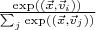 $\frac{\exp((\vec x, \vec  v_i))}{\sum_j \exp((\vec x, \vec v_j))}$