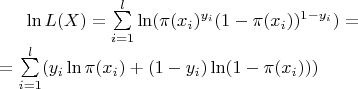 $\ln L(X) = \sum\limits_{i=1}^{l}\ln(\pi(x_i)^{y_i}(1 - \pi(x_i))^{1 - y_i})= \\
= \sum\limits_{i=1}^{l}(y_i \ln \pi(x_i) + (1 - y_i)\ln (1 - \pi(x_i)))$