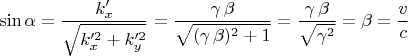 $\sin \alpha=\dfrac{k_x'}{\sqrt{k_x'^2+k_y'^2}}=\dfrac{\gamma\,\beta}{\sqrt{(\gamma\,\beta)^2+1}}=\dfrac{\gamma\,\beta}{\sqrt{\gamma^2}}=\beta=\dfrac{v}{c}$