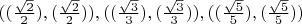 $((\frac{\sqrt{2}}{2}), (\frac{\sqrt{2}}{2})),   ((\frac{\sqrt{3}}{3}), (\frac{\sqrt{3}}{3})), ((\frac{\sqrt{5}}{5}), (\frac{\sqrt{5}}{5}))$